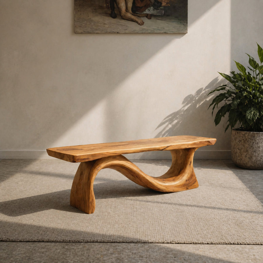 Contemporary Organic Sculpted Live Edge Bench For Living Room