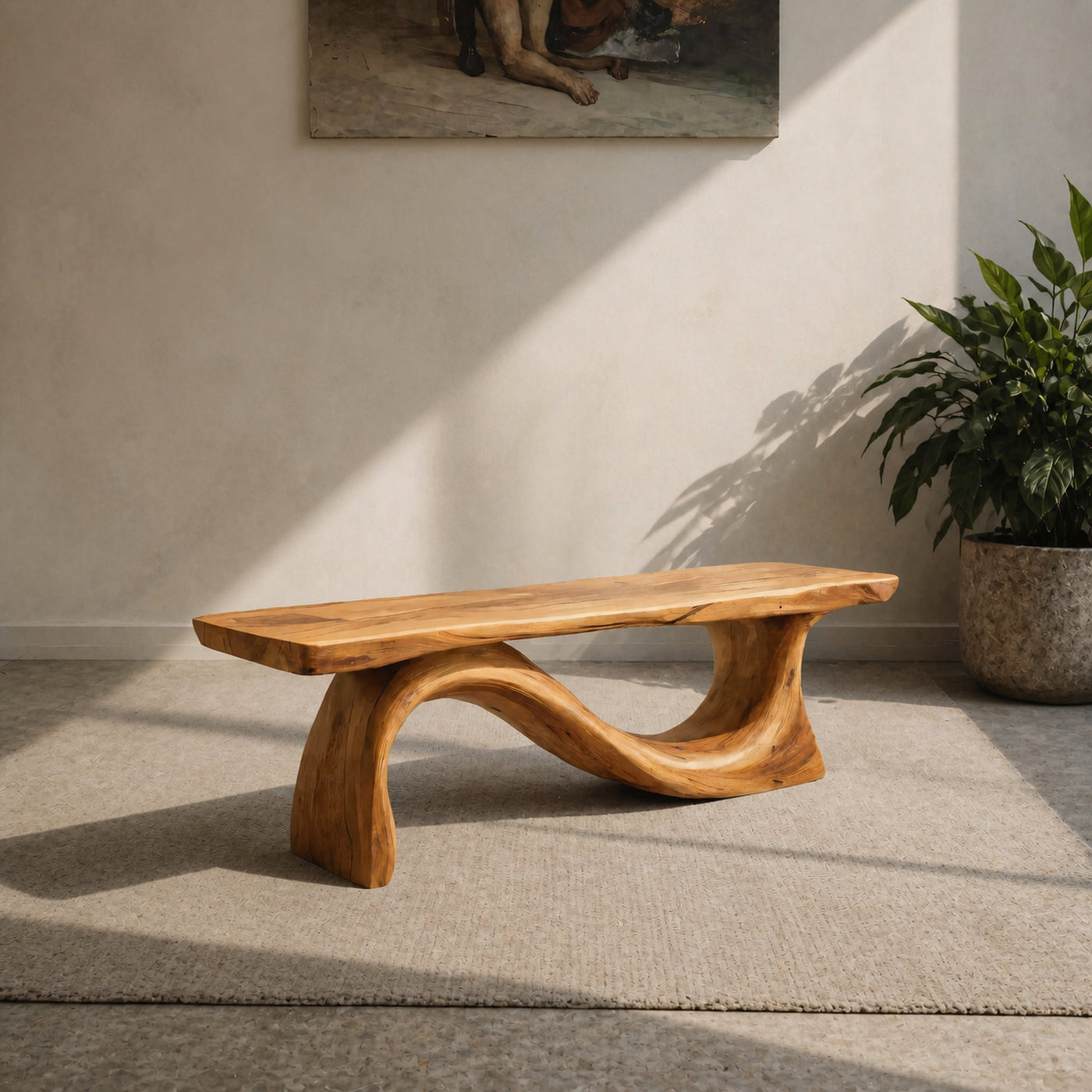 Contemporary Organic Sculpted Live Edge Bench For Living Room