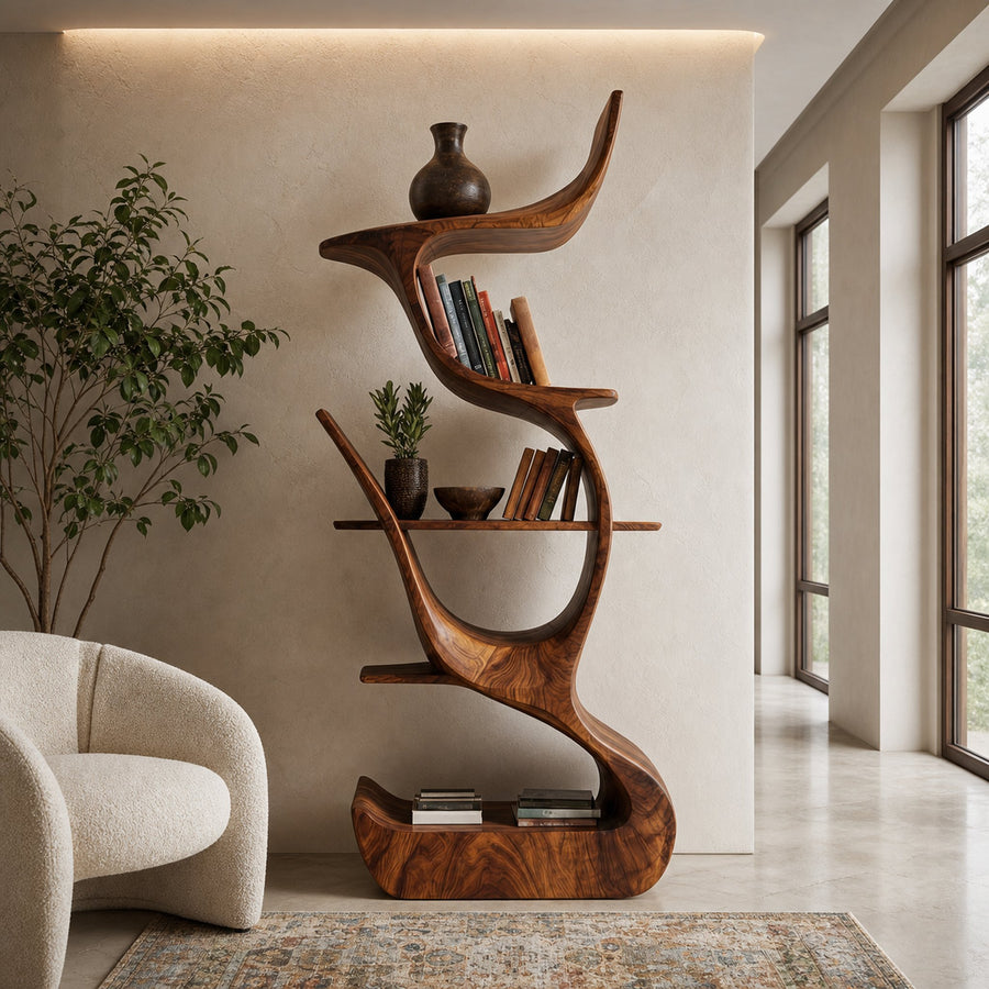 Contemporary Organic Wooden Bookshelf For Living Room Corner