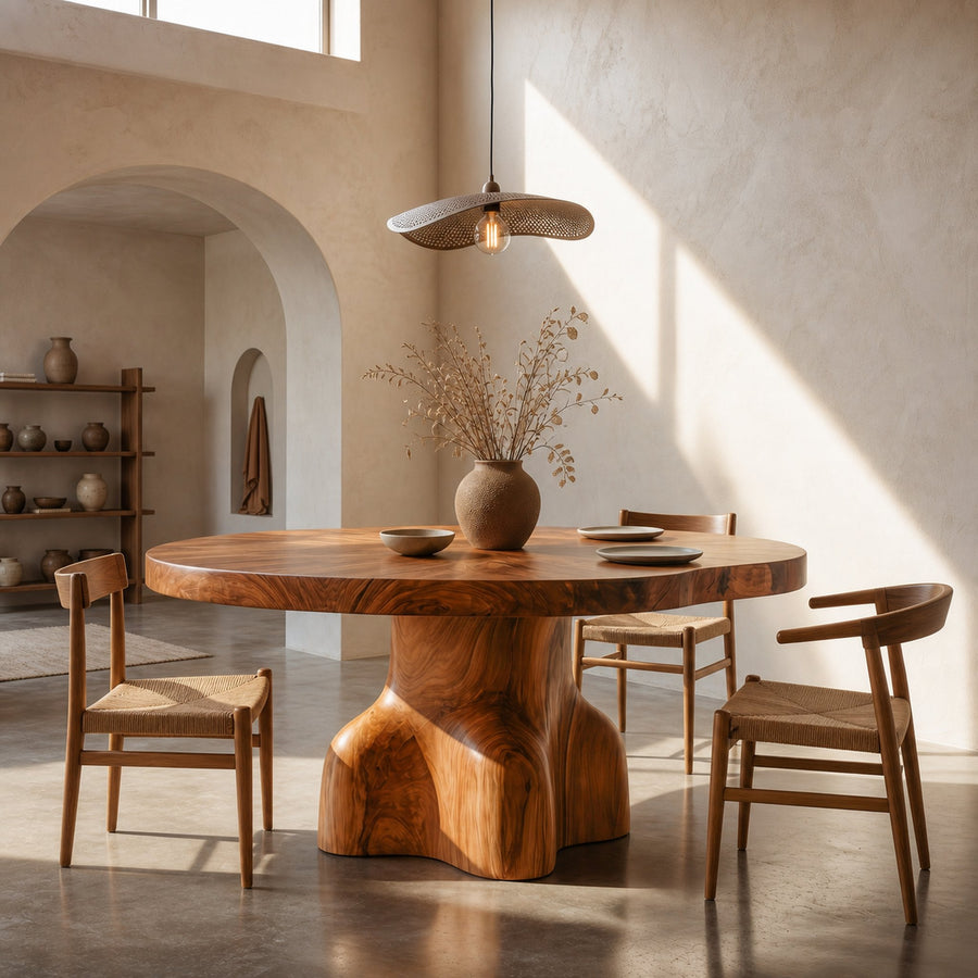 Contemporary Round Dining Table With Sculptural Solid Wood Pedestal For Dining Room