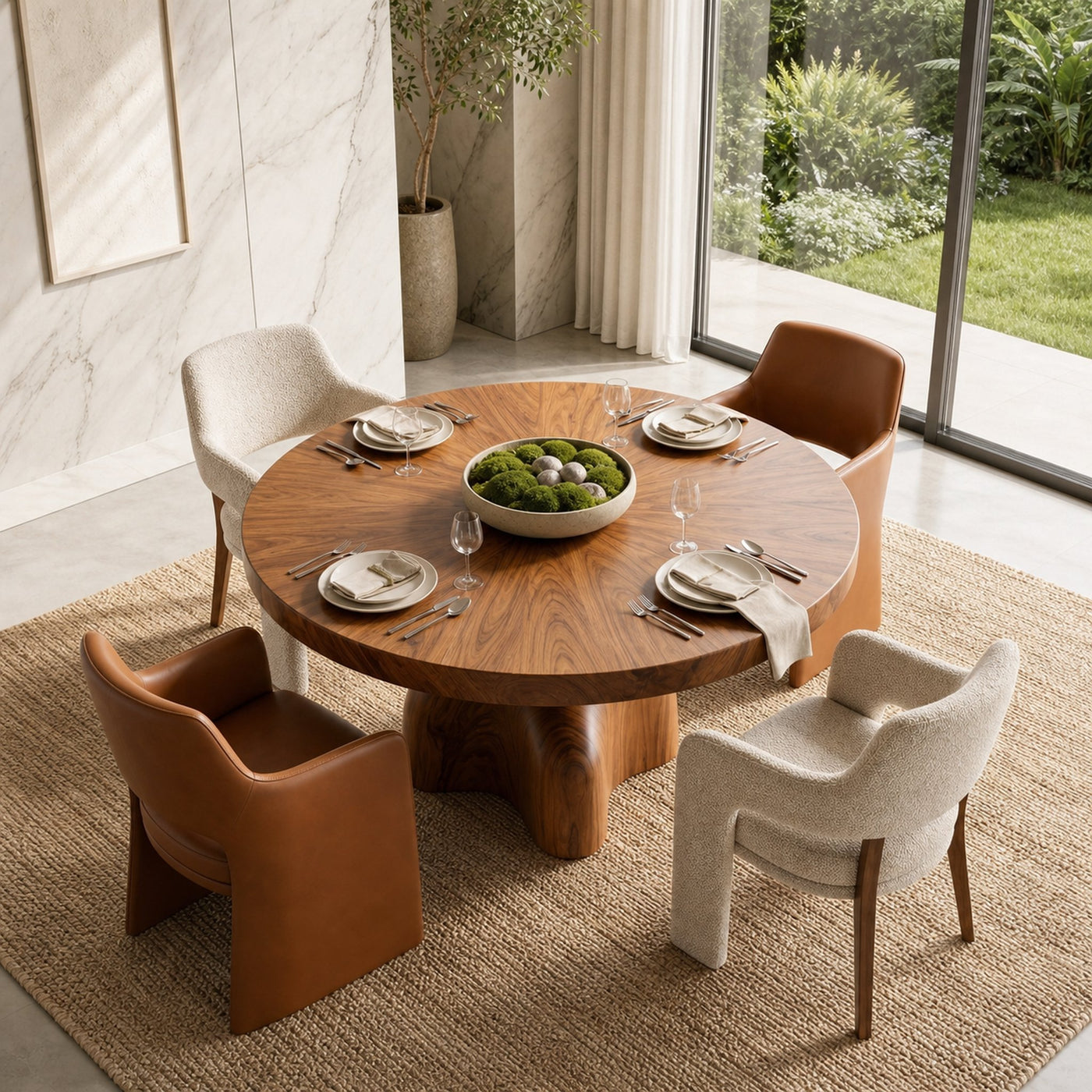 Contemporary Round Dining Table With Sculptural Solid Wood Pedestal For Dining Room - product view 2