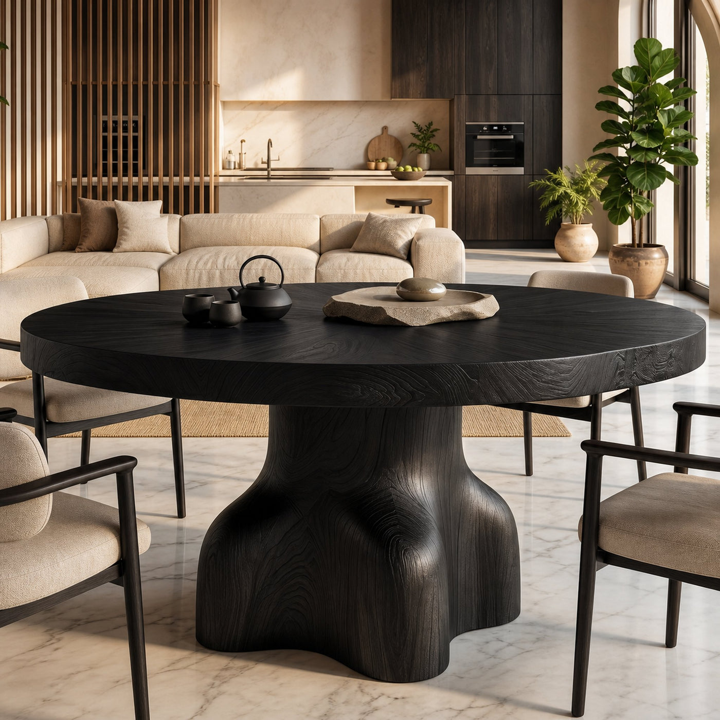 Contemporary Round Dining Table With Sculptural Solid Wood Pedestal For Dining Room - product view 4