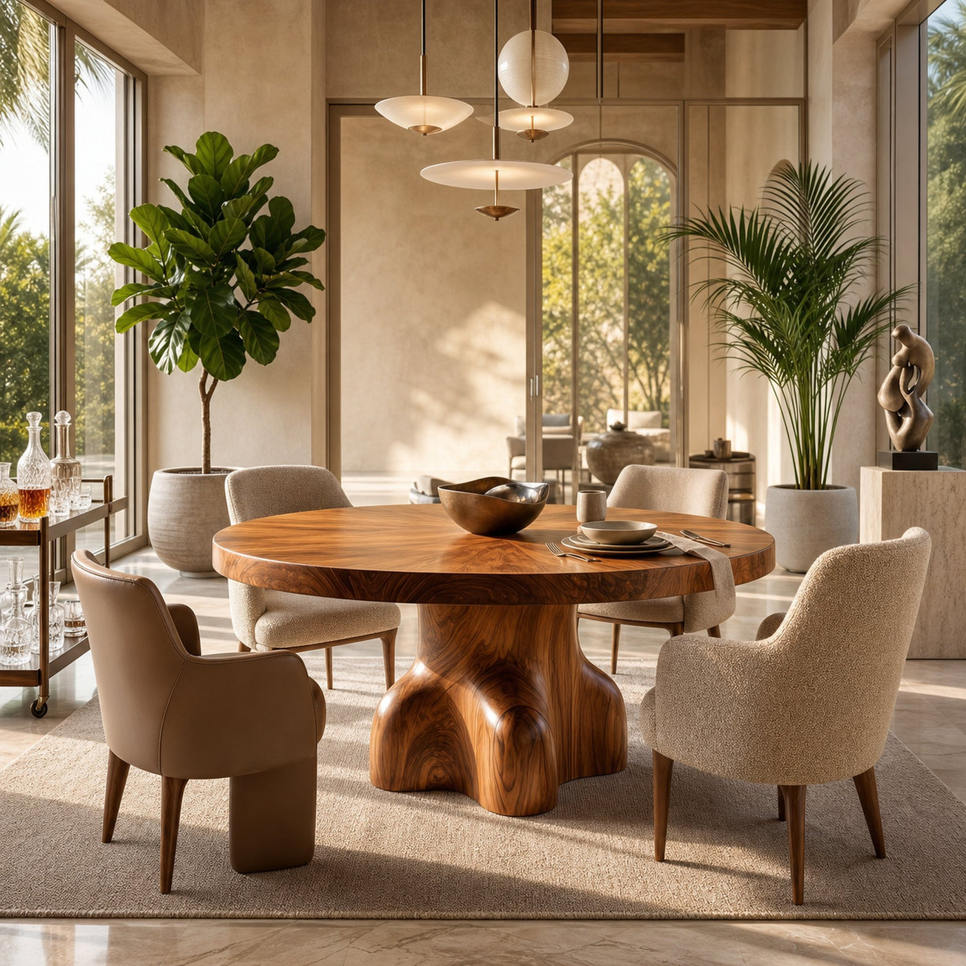 Contemporary Round Dining Table With Sculptural Solid Wood Pedestal For Dining Room - product view 6