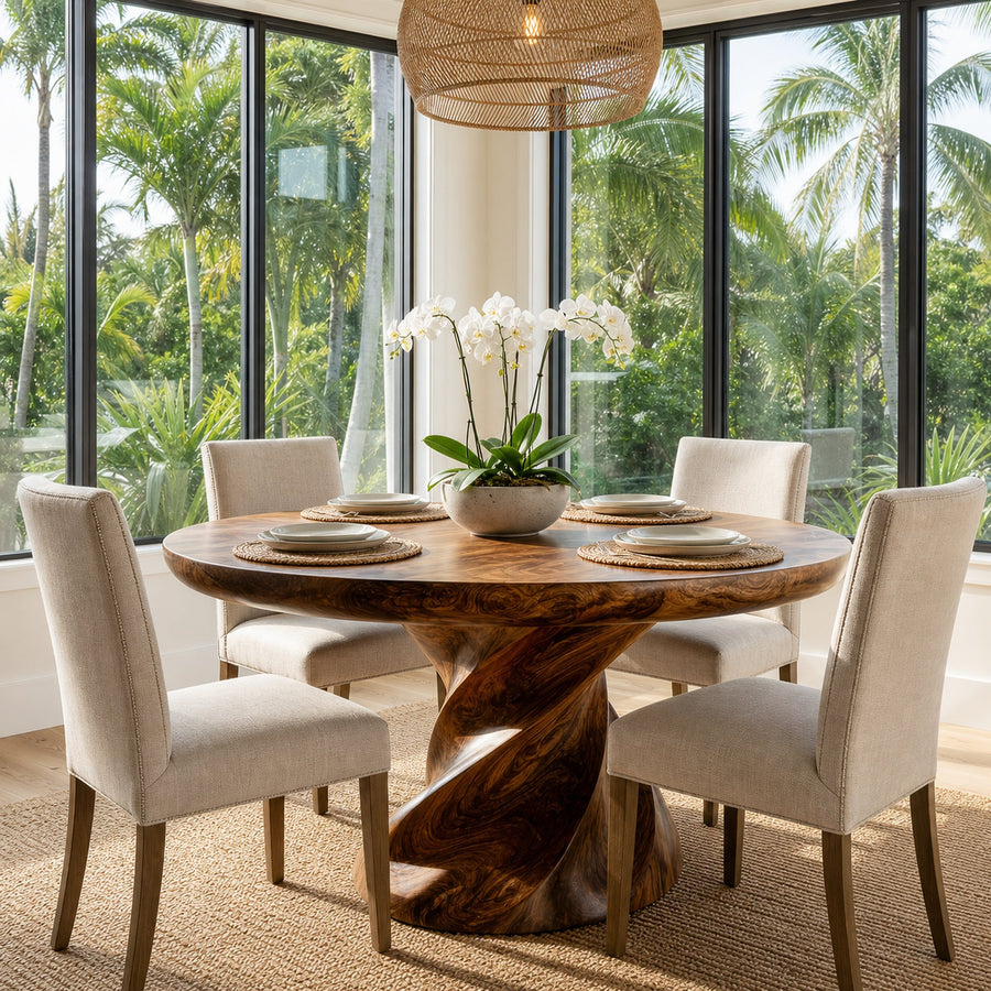 Contemporary Round Dining Table With Twisted Base For Dining Room