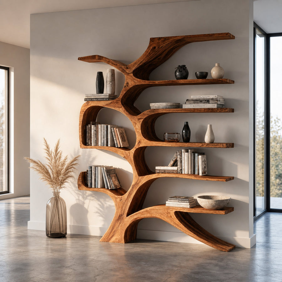 Contemporary Sculpted Wooden Bookshelf For Living Room Decor