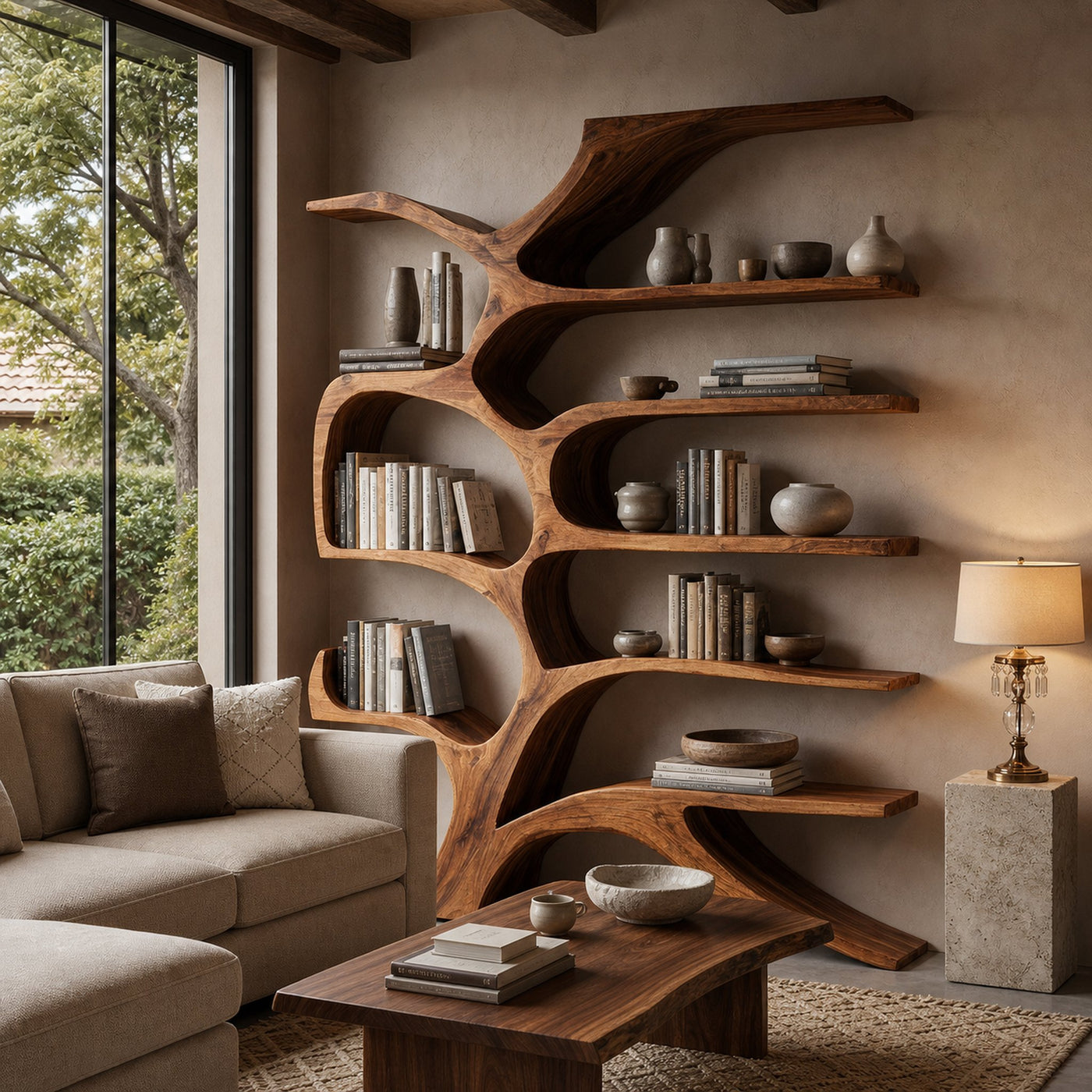 Contemporary Sculpted Wooden Bookshelf For Living Room Decor - product view 6