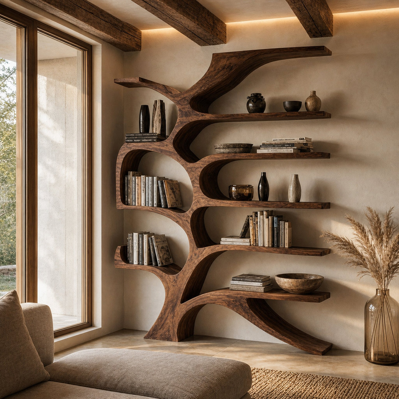Contemporary Sculpted Wooden Bookshelf For Living Room Decor - product view 7