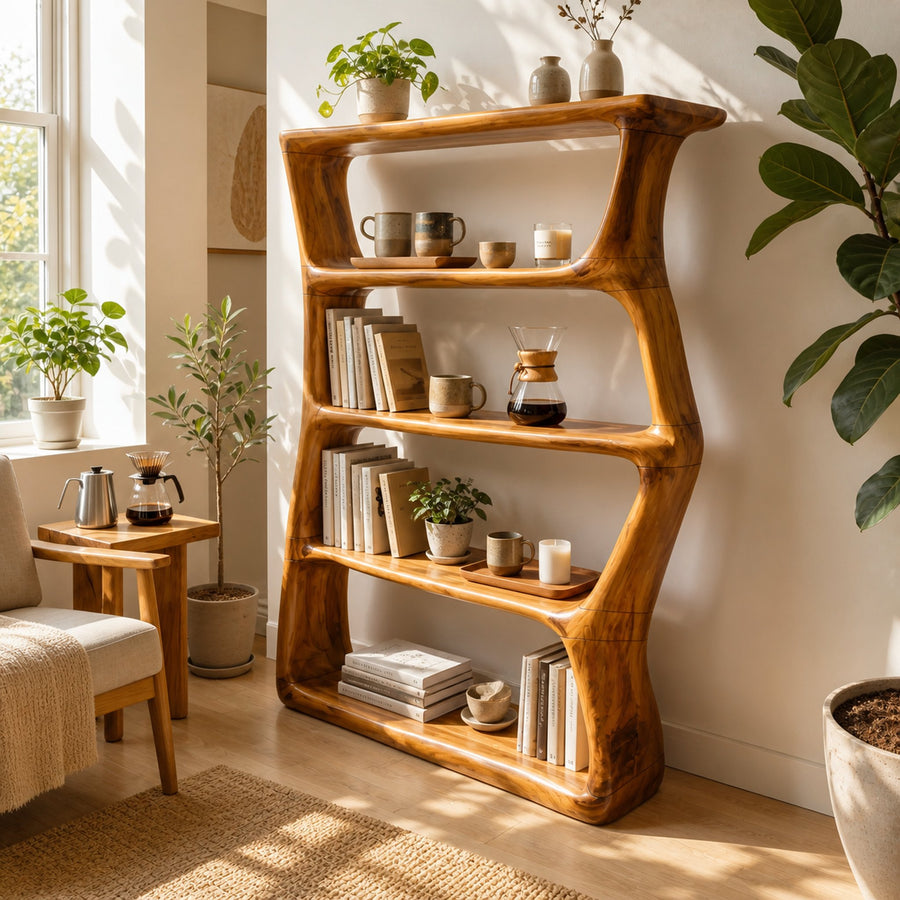 Contemporary Sculptural Bookcase Storage Organizer For Bedroom Space