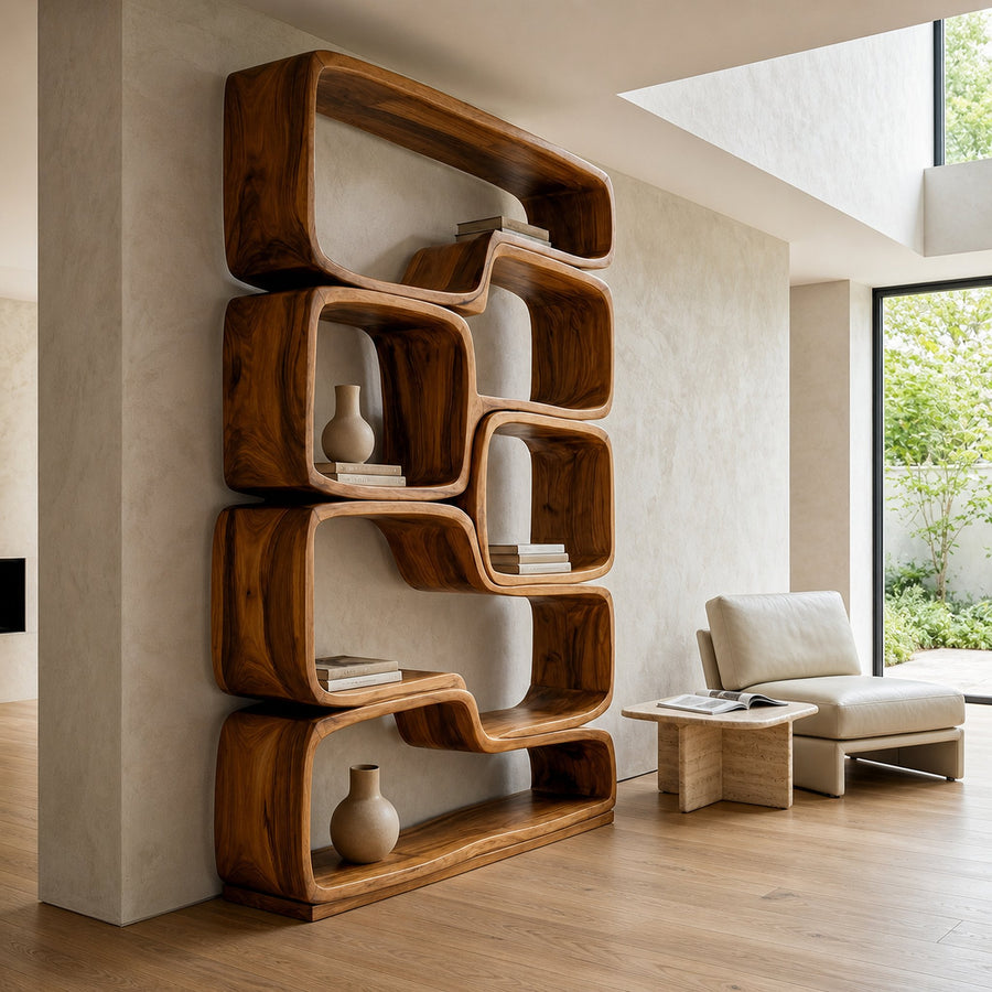Contemporary Sculptural Natural Wood Bookshelf For Living Room