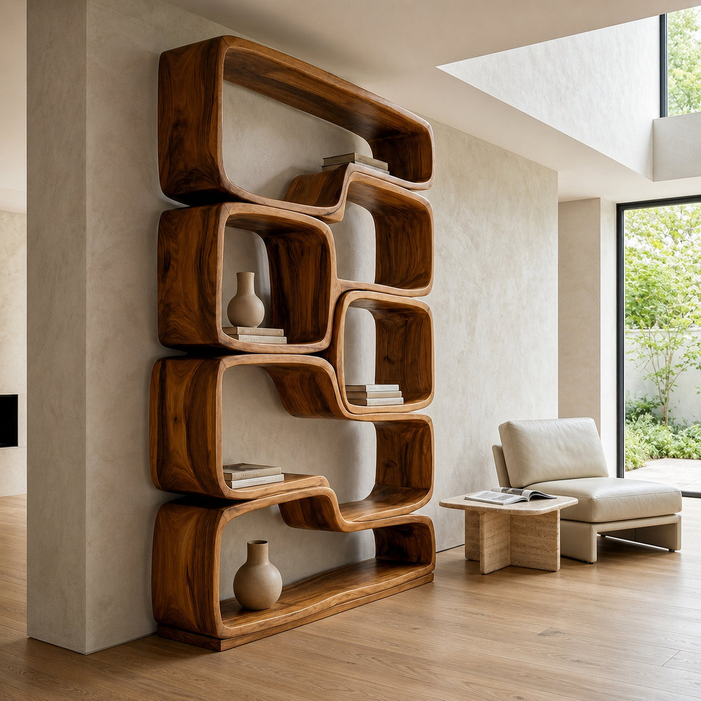 Contemporary Sculptural Natural Wood Bookshelf For Living Room