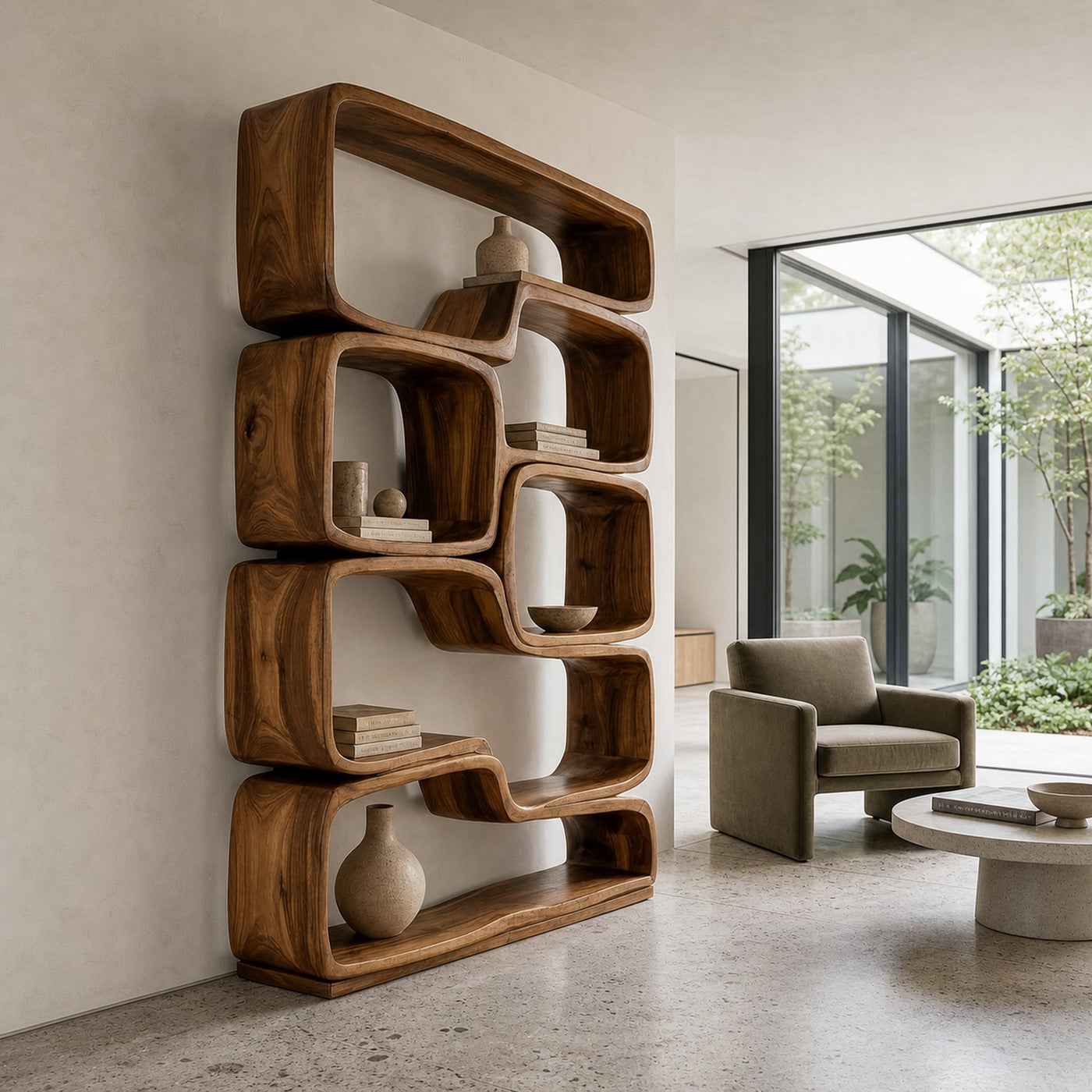 Contemporary Sculptural Natural Wood Bookshelf For Living Room - product view 6