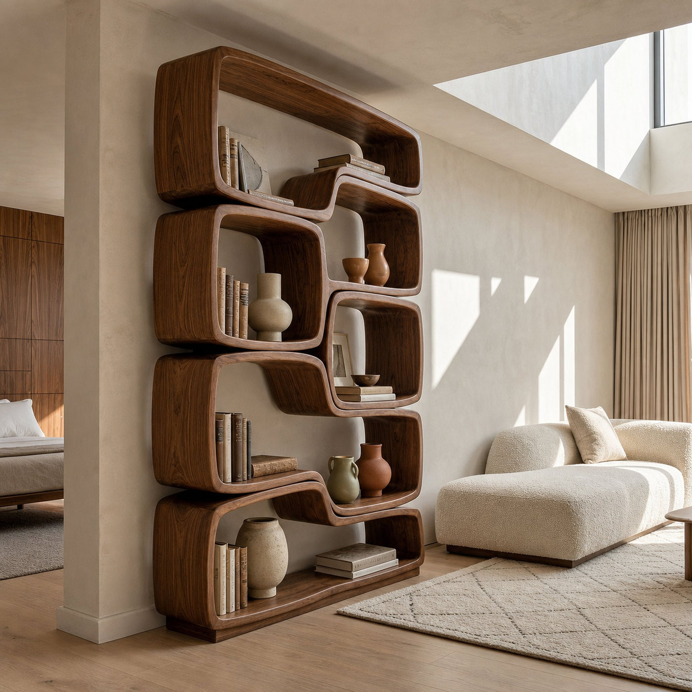 Contemporary Sculptural Natural Wood Bookshelf For Living Room - product view 7