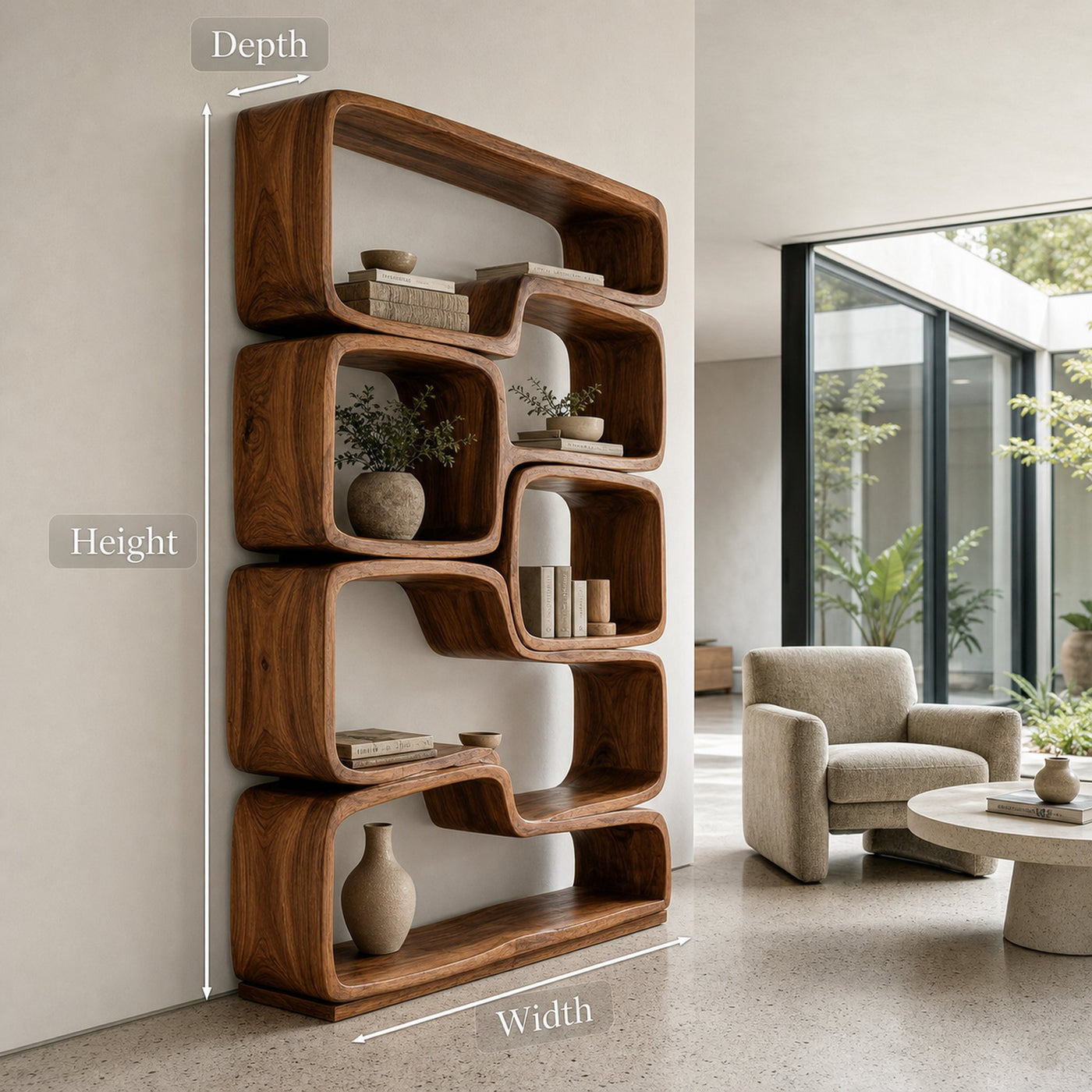 Contemporary Sculptural Natural Wood Bookshelf For Living Room - product view 8
