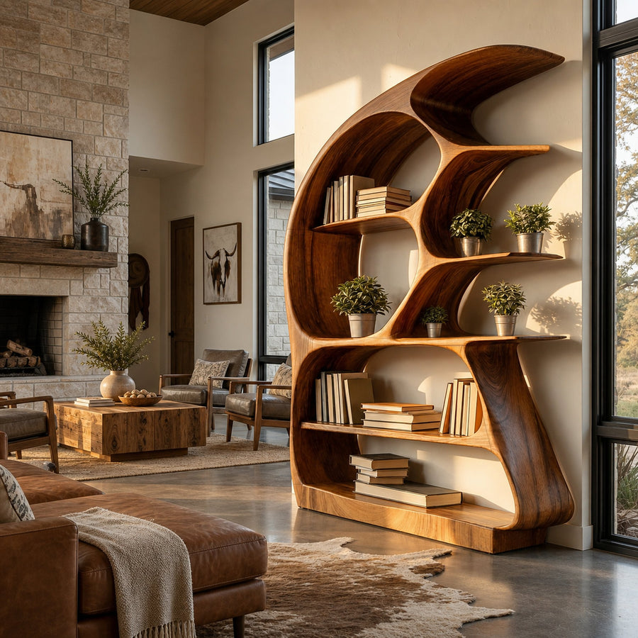 Contemporary Sculptural Wood Bookshelf For Living Room Decor