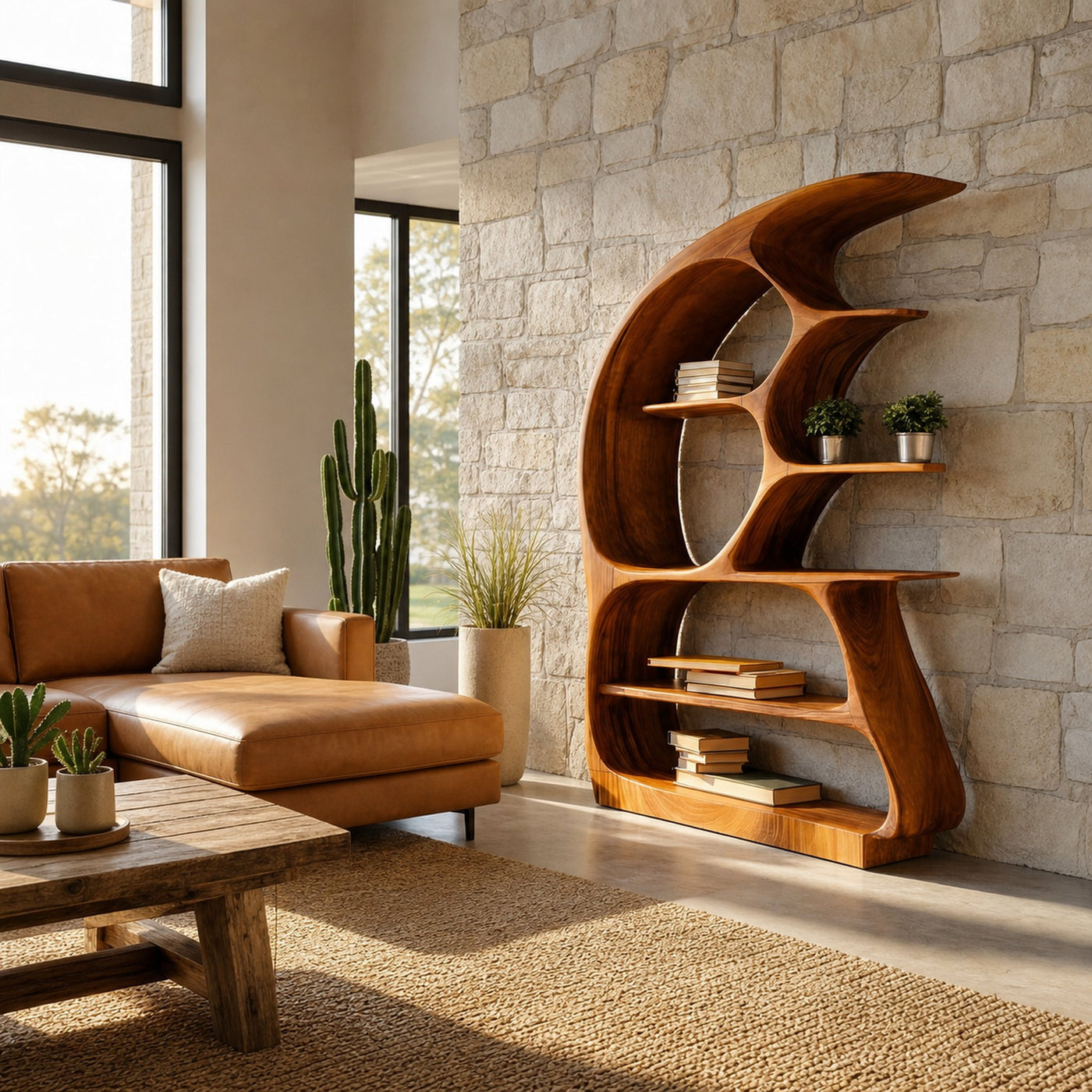 Contemporary Sculptural Wood Bookshelf For Living Room Decor - product view 6