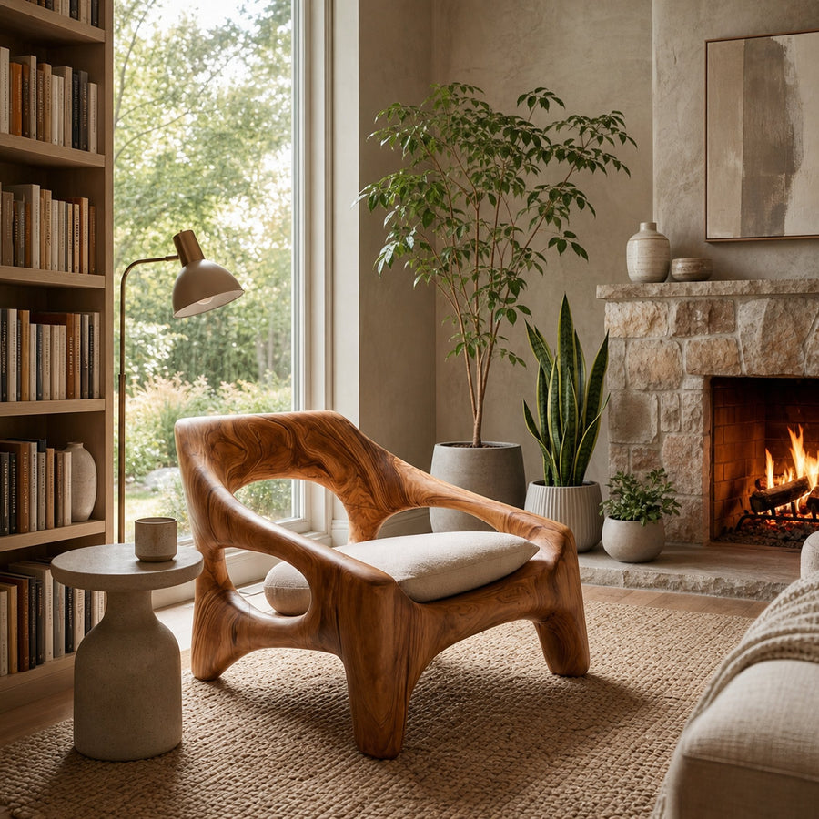 Contemporary Sculptural Wooden Chair For Outdoor Porch