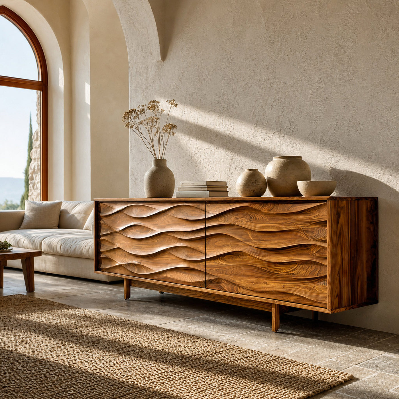 Contemporary Sideboard With Carved Wave Front Panels For Home