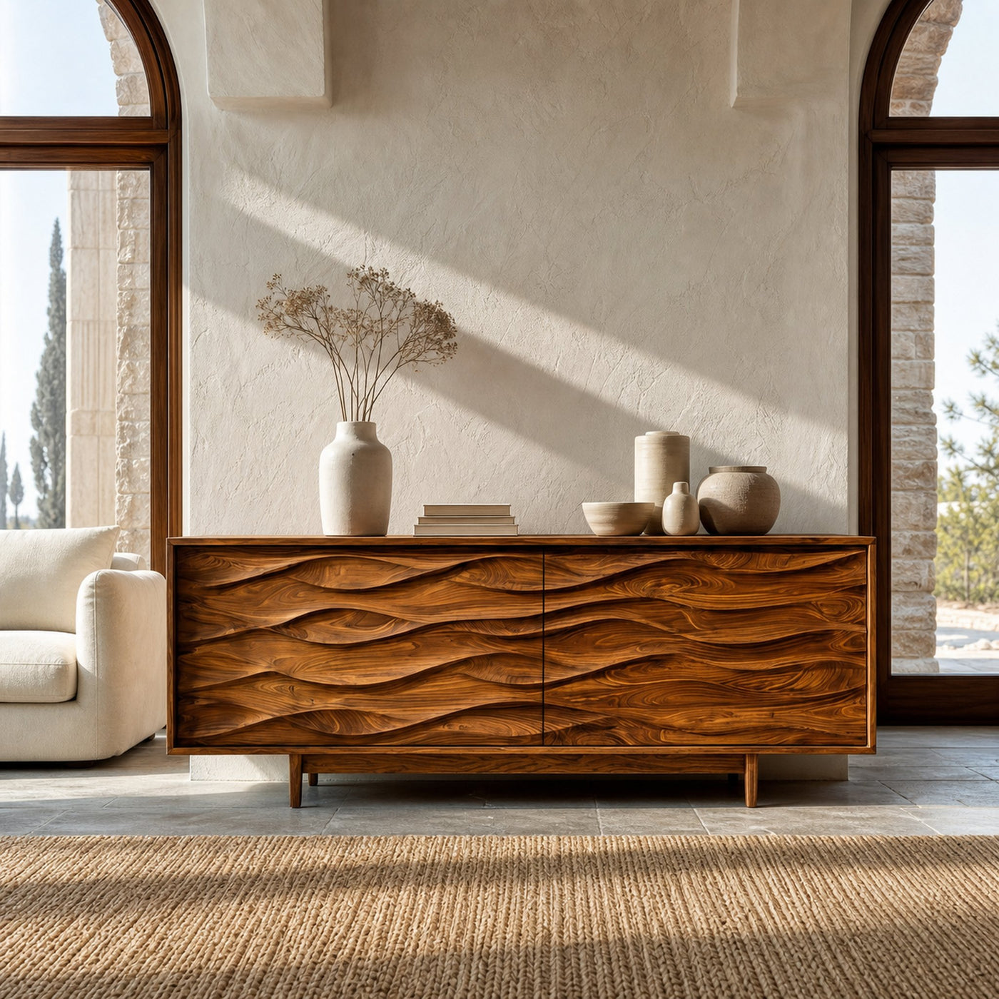 Contemporary Sideboard With Carved Wave Front Panels For Home - product view 2