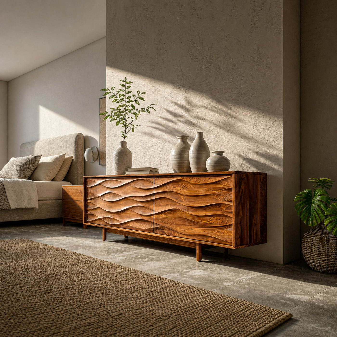 Contemporary Sideboard With Carved Wave Front Panels For Home - product view 3