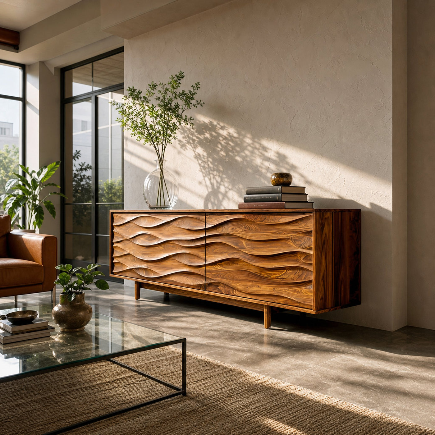 Contemporary Sideboard With Carved Wave Front Panels For Home - product view 4
