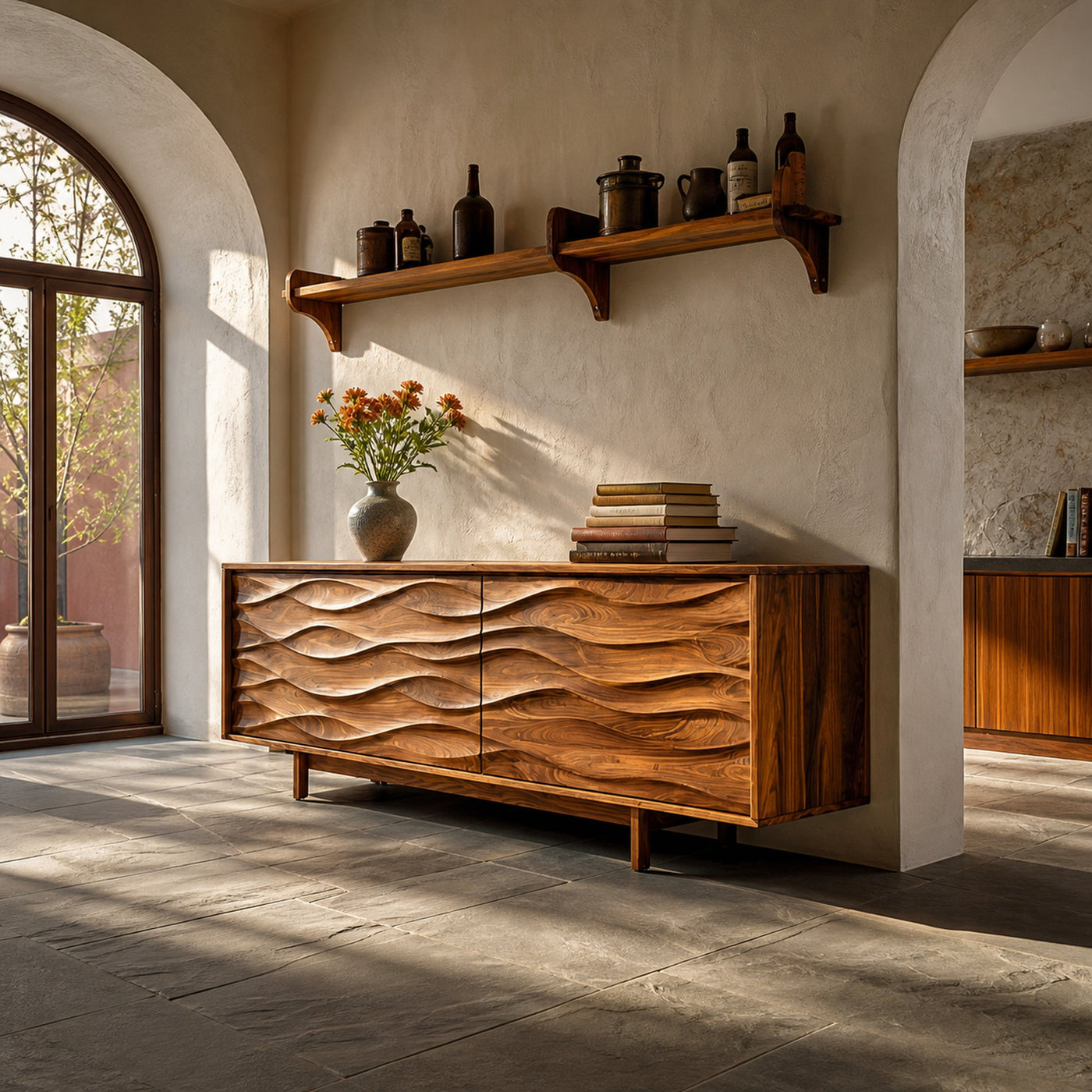 Contemporary Sideboard With Carved Wave Front Panels For Home - product view 5