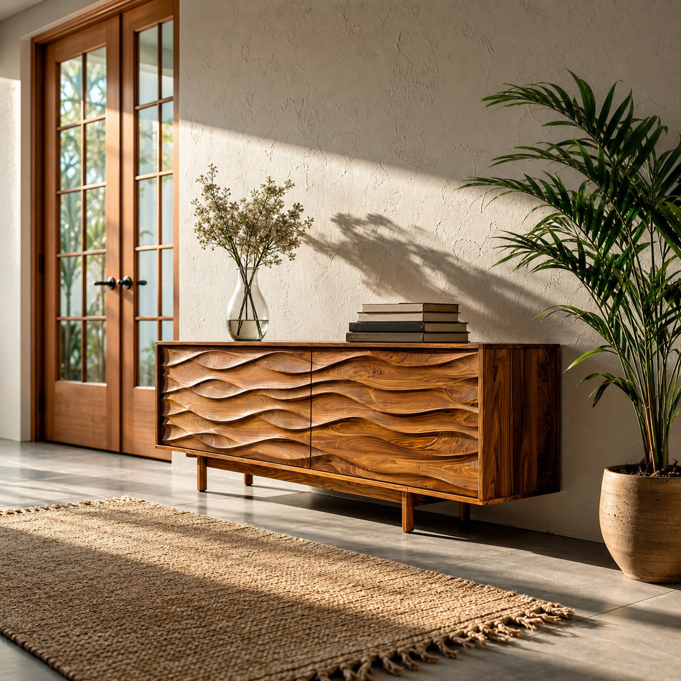 Contemporary Sideboard With Carved Wave Front Panels For Home - product view 6