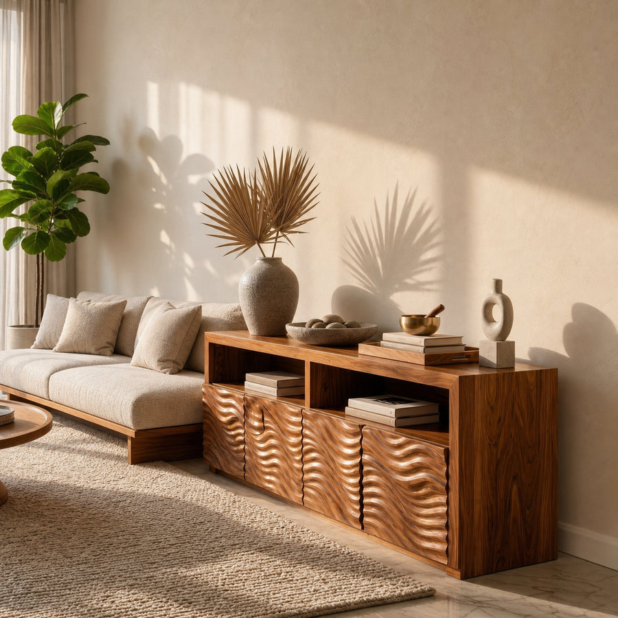 Contemporary Sideboard With Carved Wood Doors And Functional Storage For Living Room