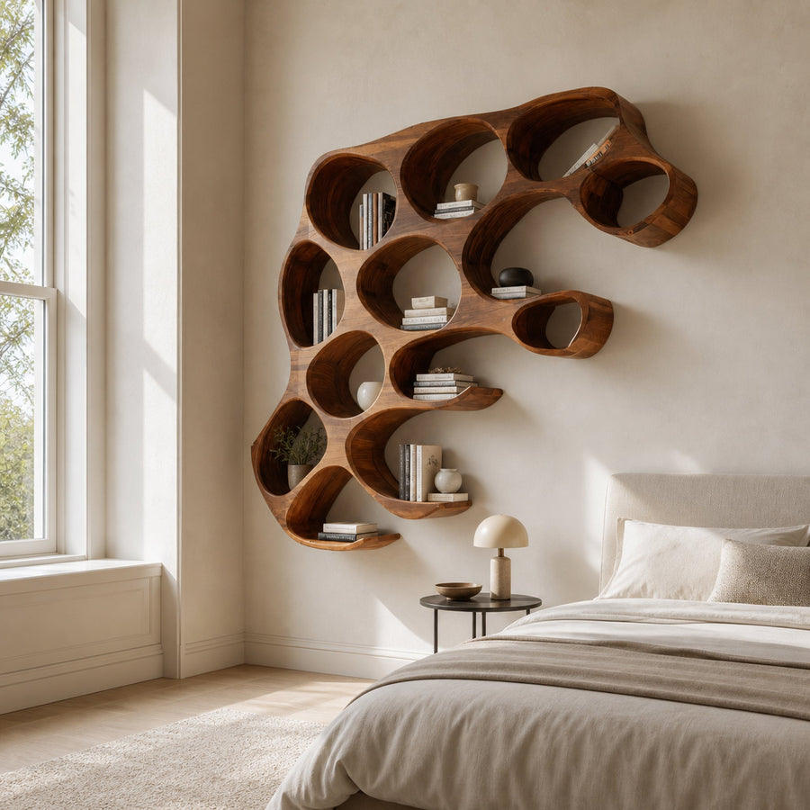 Contemporary Wall Shelf With Rounded Compartments For Bedroom Decor