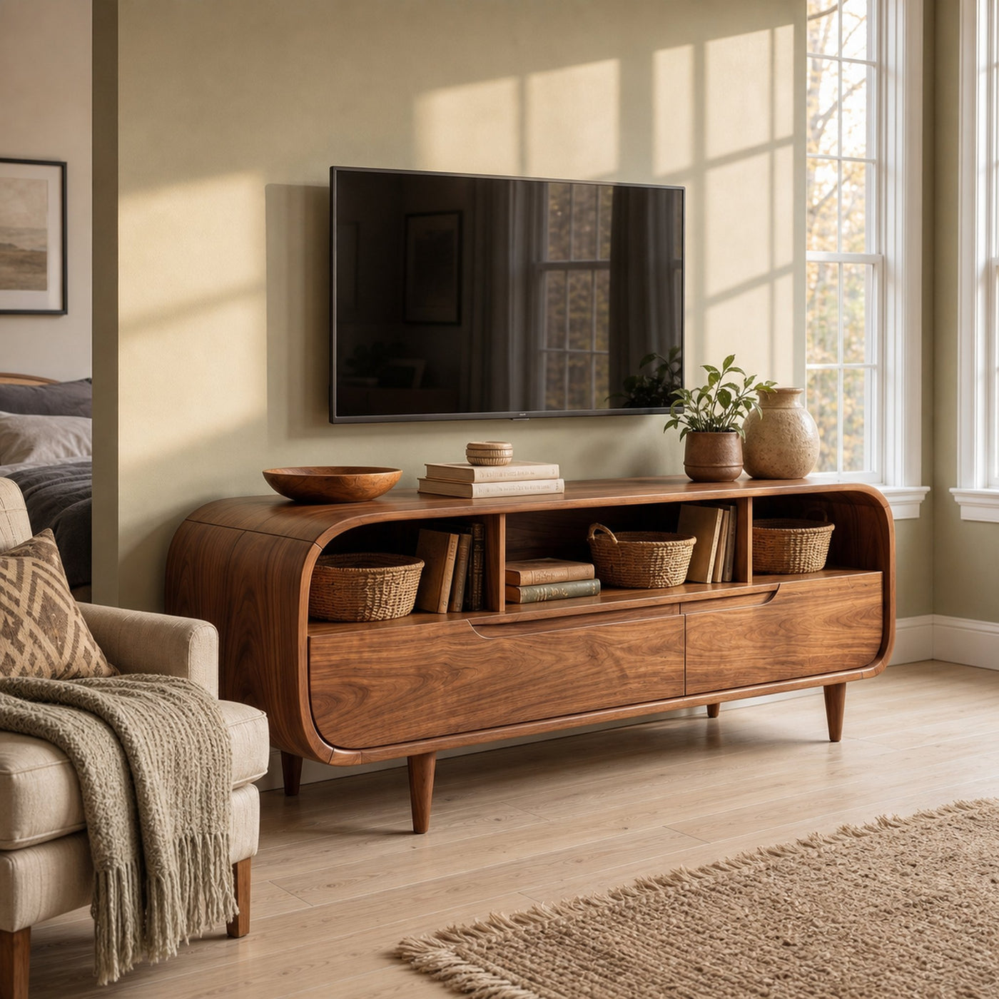 Contemporary Walnut TV Stand For Modern Loft Bedroom - product view 6