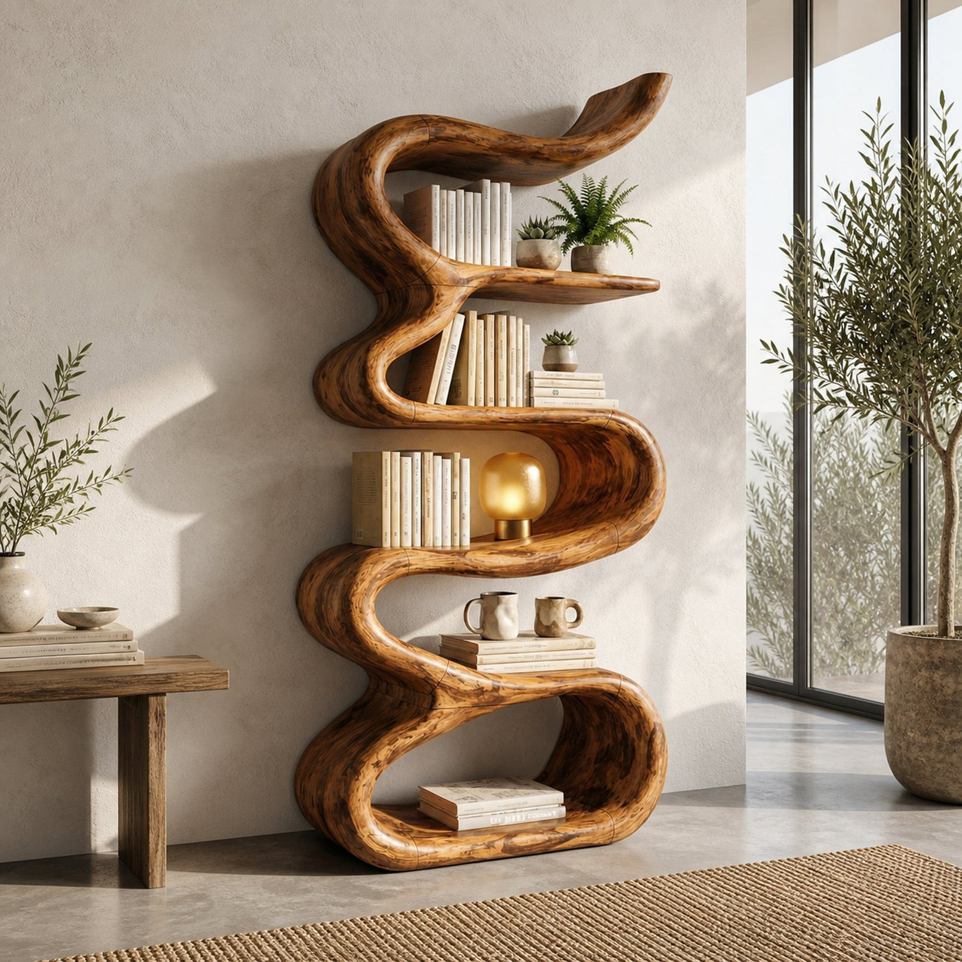 Contemporary Wave Bookshelf Solid Wood Artistic Curved Form Living Room