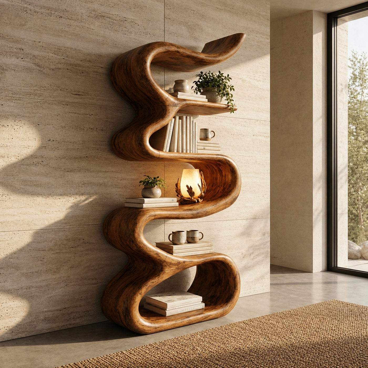 Contemporary Wave Bookshelf Solid Wood Artistic Curved Form Living Room - product view 6
