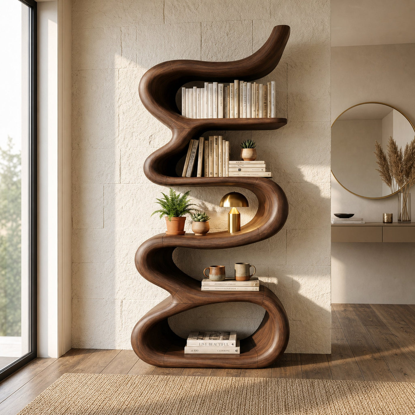 Contemporary Wave Bookshelf Solid Wood Artistic Curved Form Living Room - product view 7