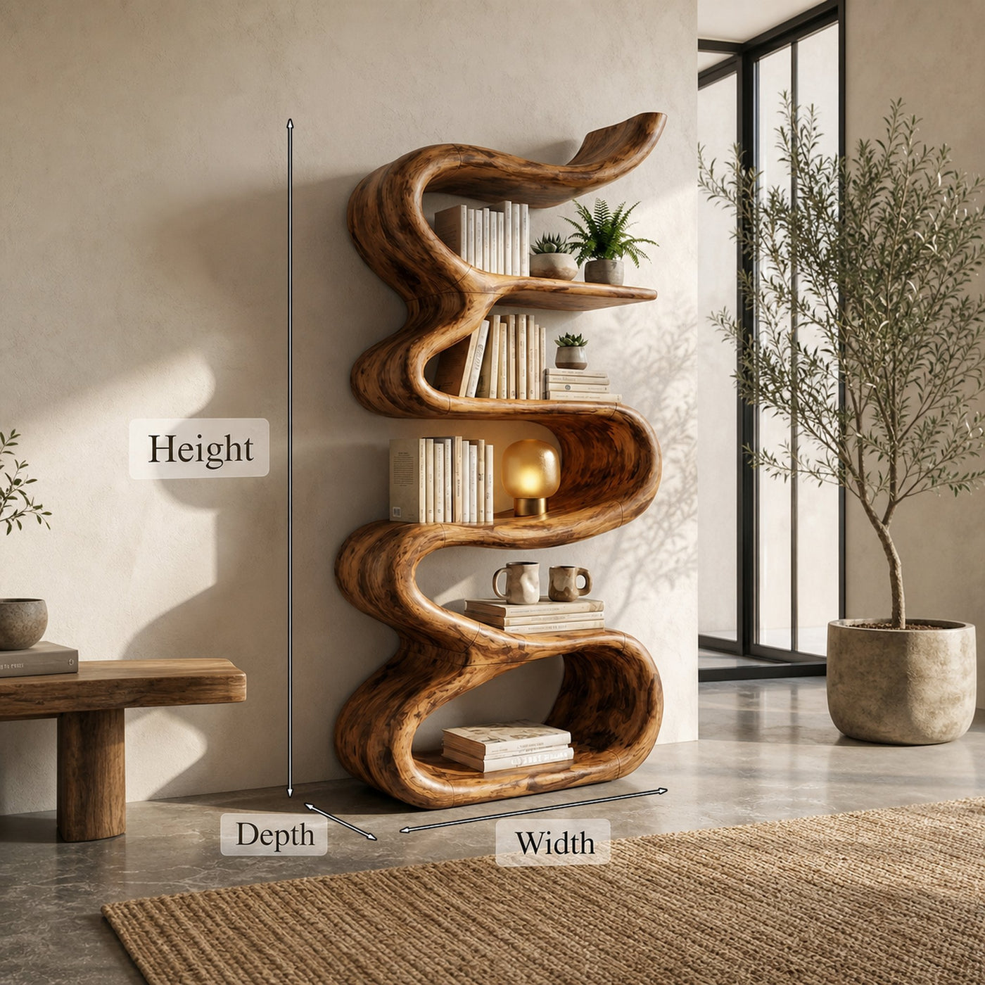 Contemporary Wave Bookshelf Solid Wood Artistic Curved Form Living Room - product view 8