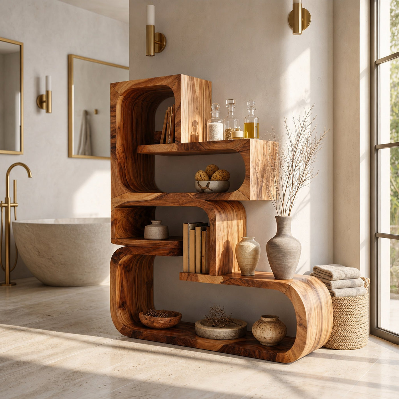 Contemporary Wave Edge Wooden Bookcase In Natural Finish