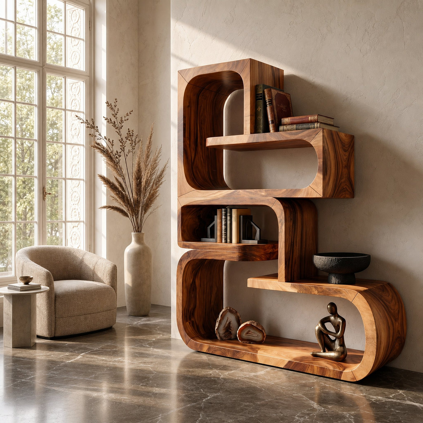 Contemporary Wave Edge Wooden Bookcase In Natural Finish - product view 6