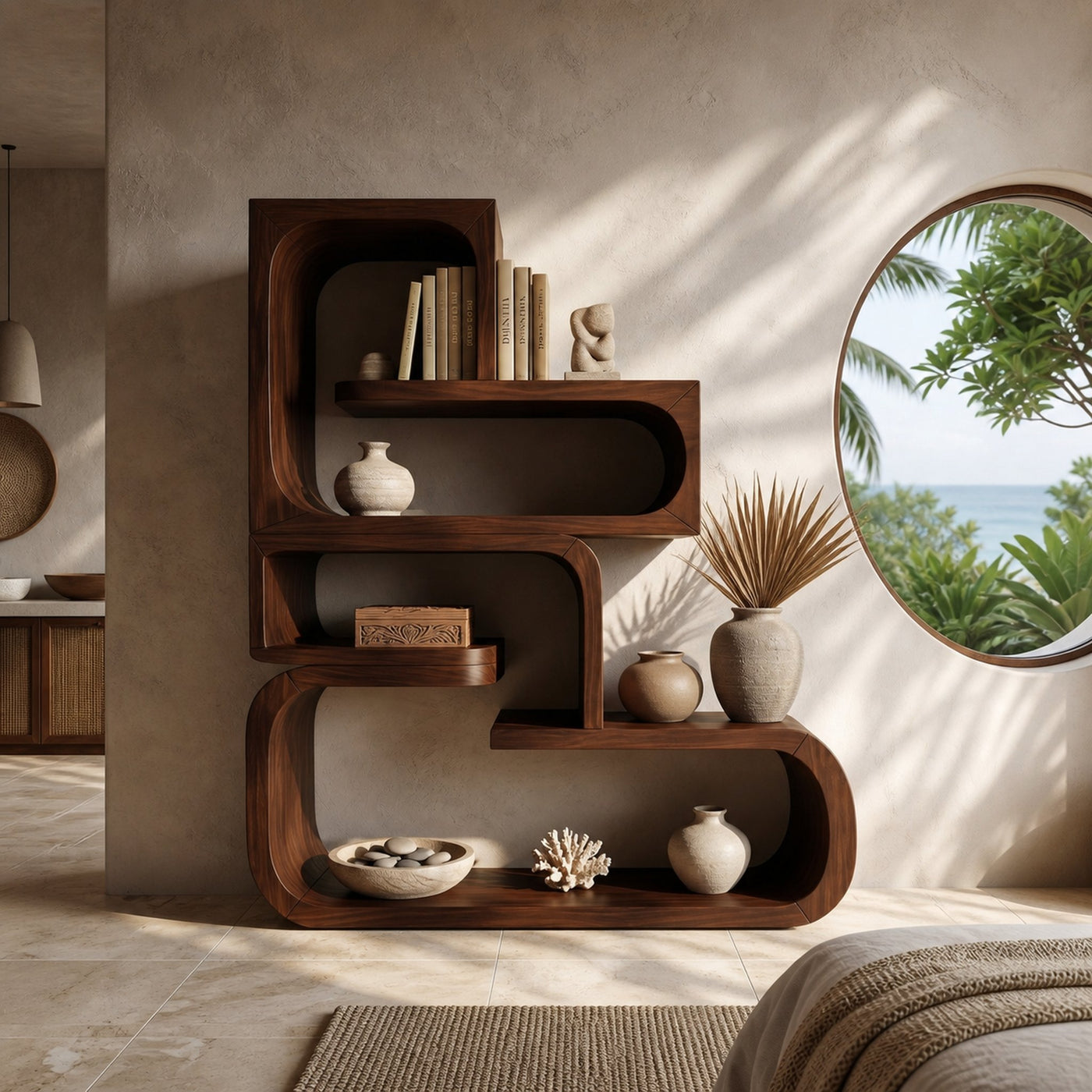 Contemporary Wave Edge Wooden Bookcase In Natural Finish - product view 7
