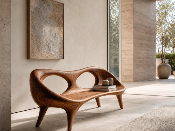 Contemporary Wood Bench With Hollowed-out Backrest For Living Room