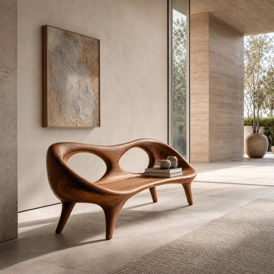 Contemporary Wood Bench With Hollowed-out Backrest For Living Room