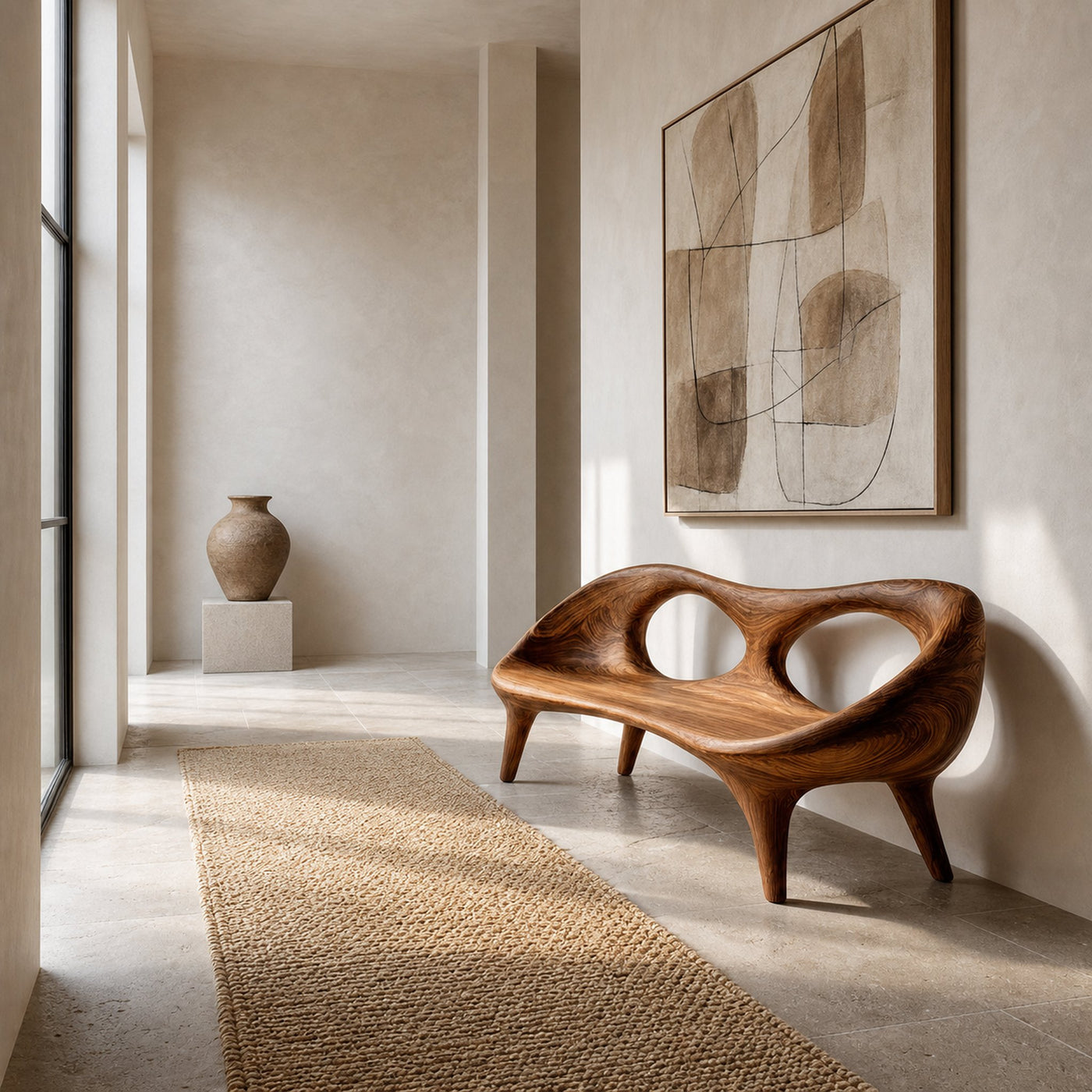 Contemporary Wood Bench With Hollowed-out Backrest For Living Room - product view 6