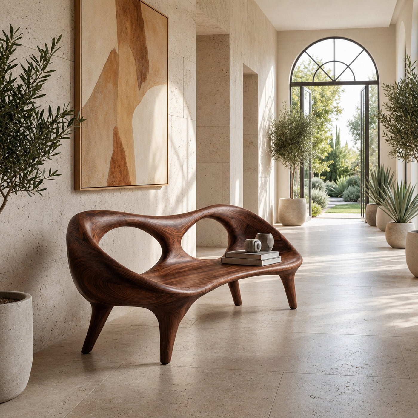 Contemporary Wood Bench With Hollowed-out Backrest For Living Room - product view 7