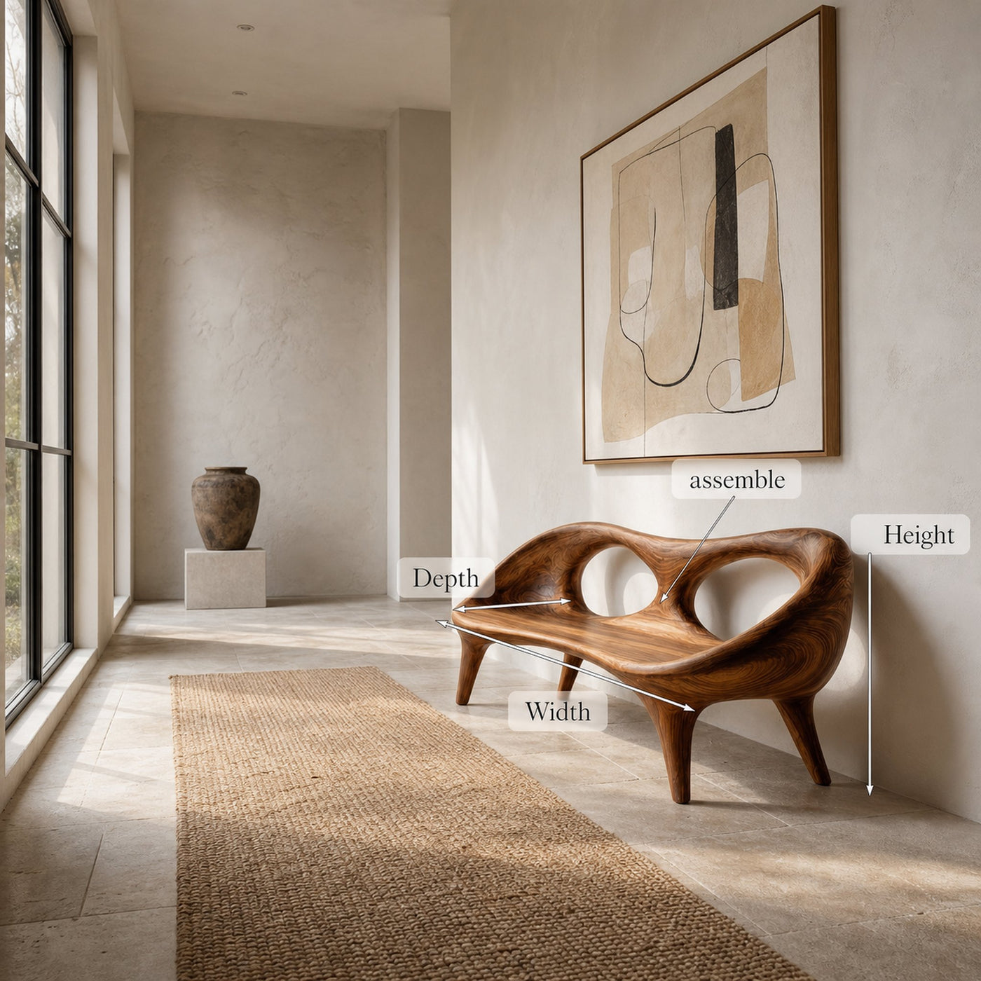 Contemporary Wood Bench With Hollowed-out Backrest For Living Room - product view 8