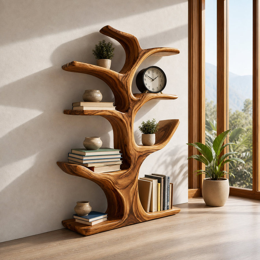 Contemporary Wood Bookshelf Sculptural Curved Design For Living Room