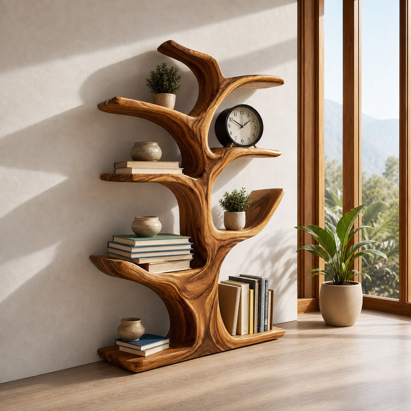 Contemporary Wood Bookshelf Sculptural Curved Design For Living Room