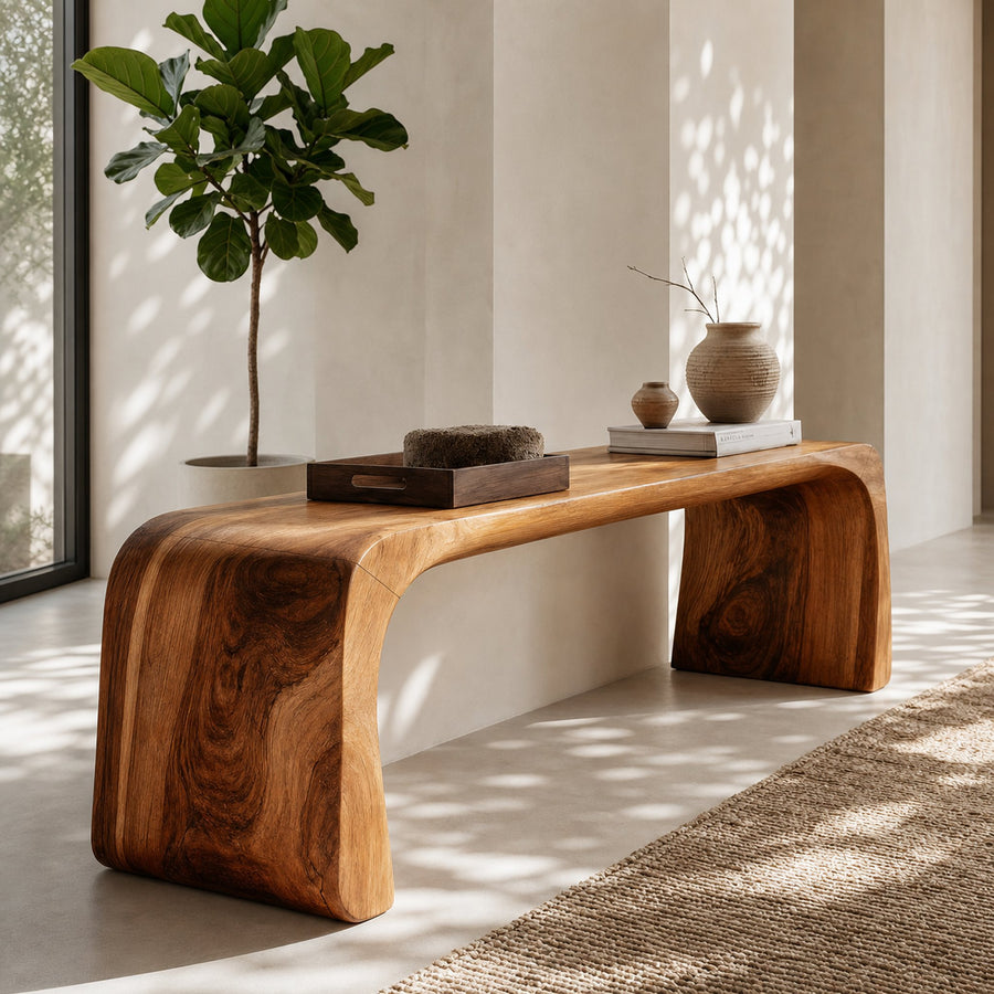 Contemporary Wood Curved Bench For Entryway Or Living Room