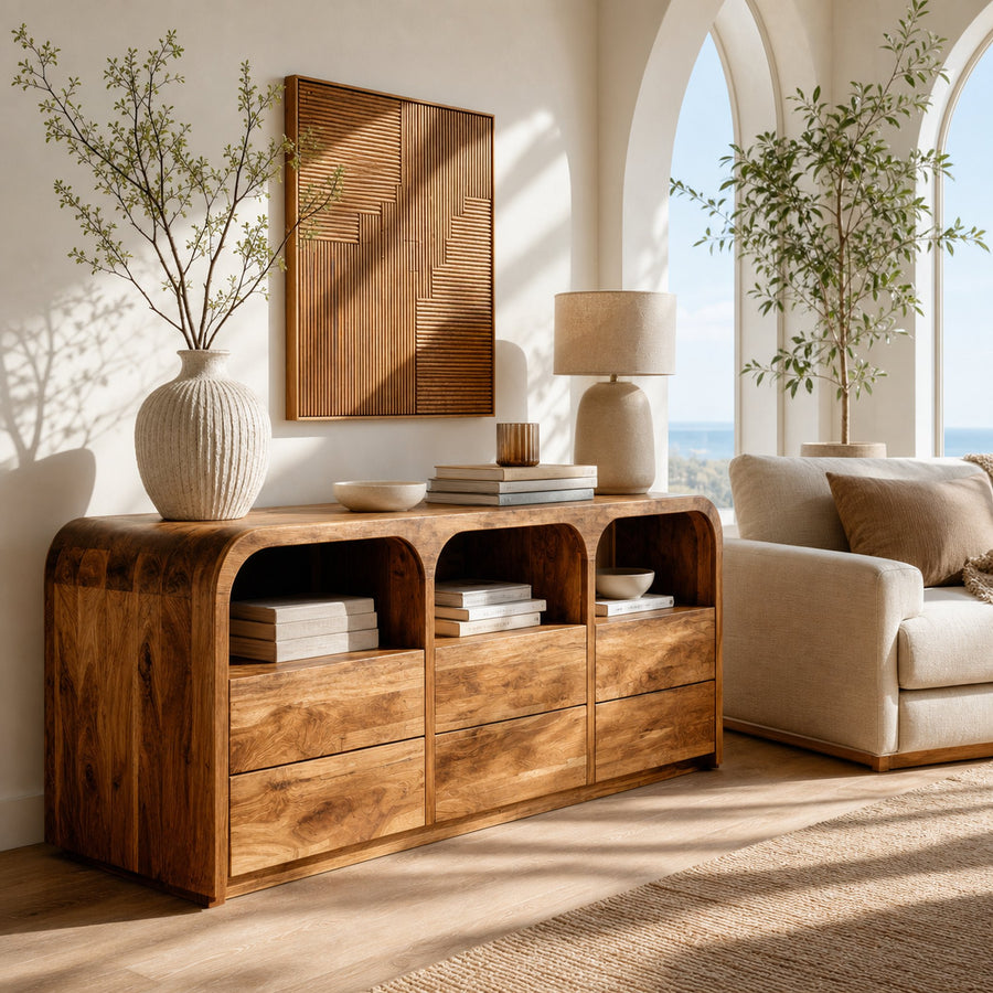 Contemporary Wood Sideboard With 3 Compartments For Home Storage