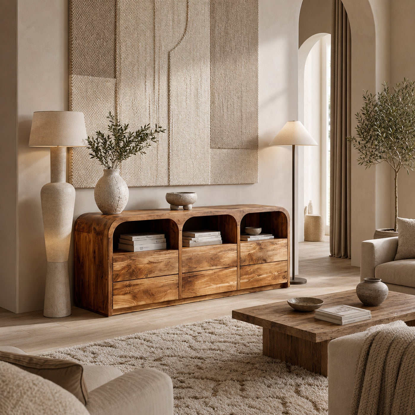 Contemporary Wood Sideboard With 3 Compartments For Home Storage - product view 5