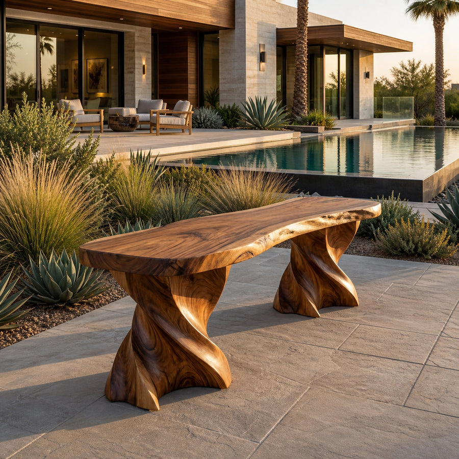 Contemporary Wooden Bench With Twisted Base For Home Living