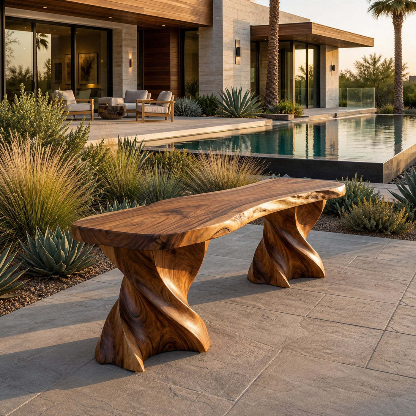 Contemporary Wooden Bench With Twisted Base For Home Living