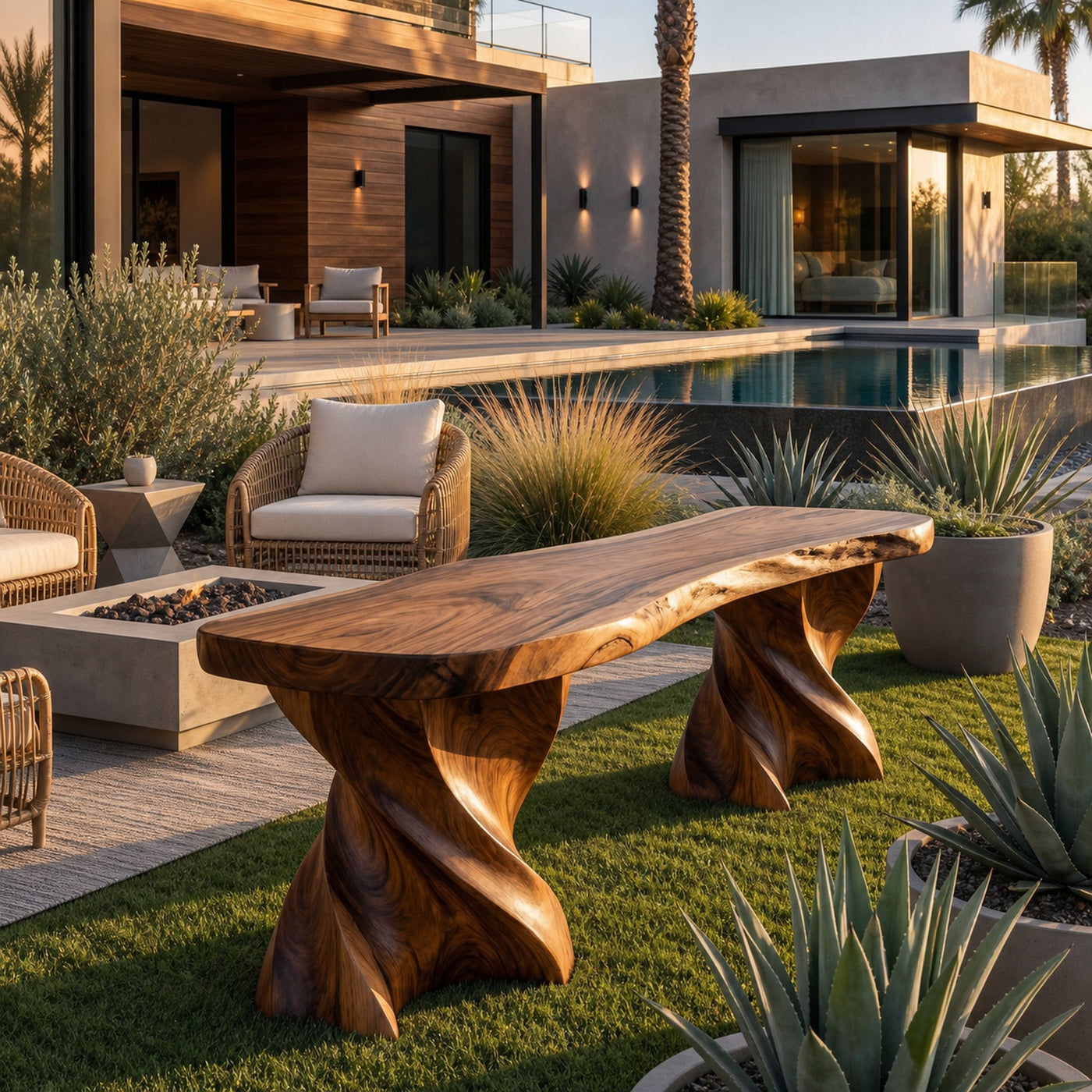 Contemporary Wooden Bench With Twisted Base For Home Living - product view 6