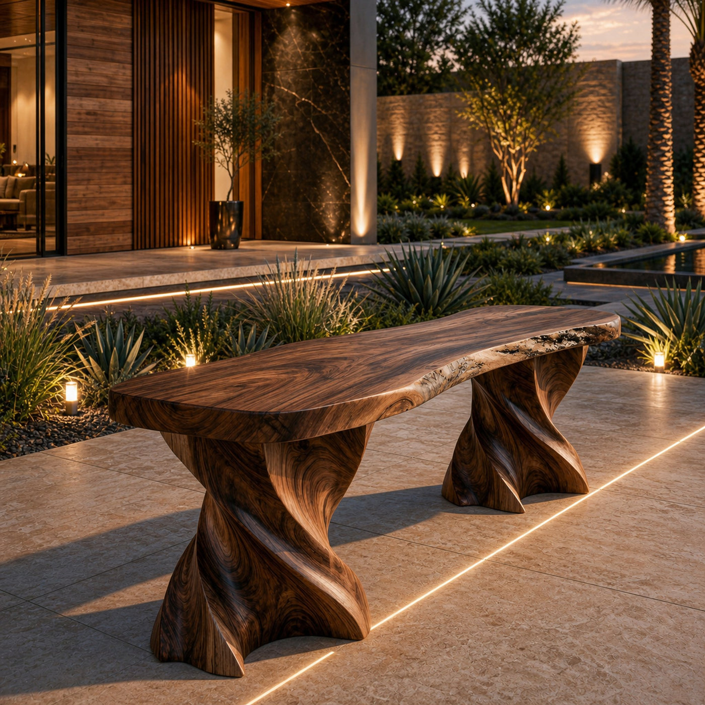 Contemporary Wooden Bench With Twisted Base For Home Living - product view 7